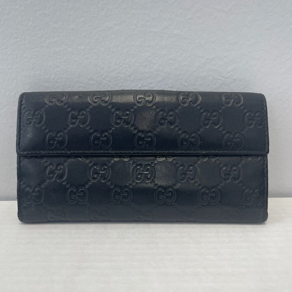 Gucci Guccissima Continental Flap Wallet in Black Calfskin Leather - Preowned